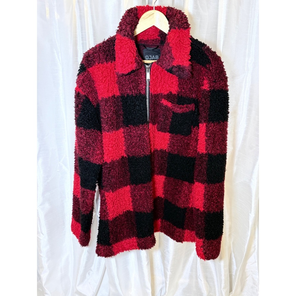 DJAB by Simons Sherpa Fleece Jacket Mens Large Red Black Buffalo Plaid